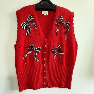Susan Bristol 1995 Knit Cardigan Top Women Size L Embroidered Bow Accents Red
